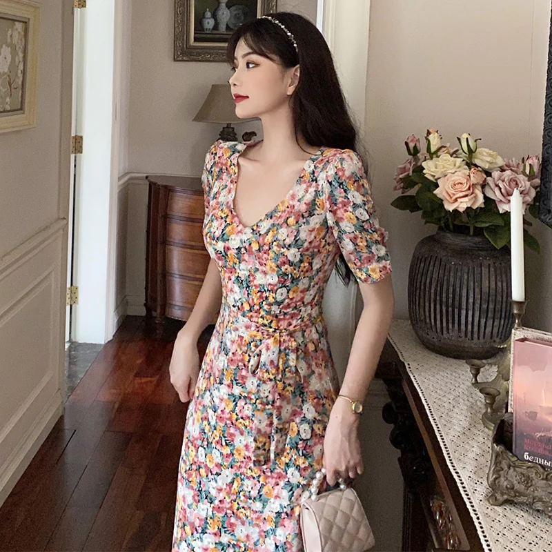 First love floral skirt long closed waist cultivate one's morality show thin chiffon v-neck fairy summer dress | Женская одежда
