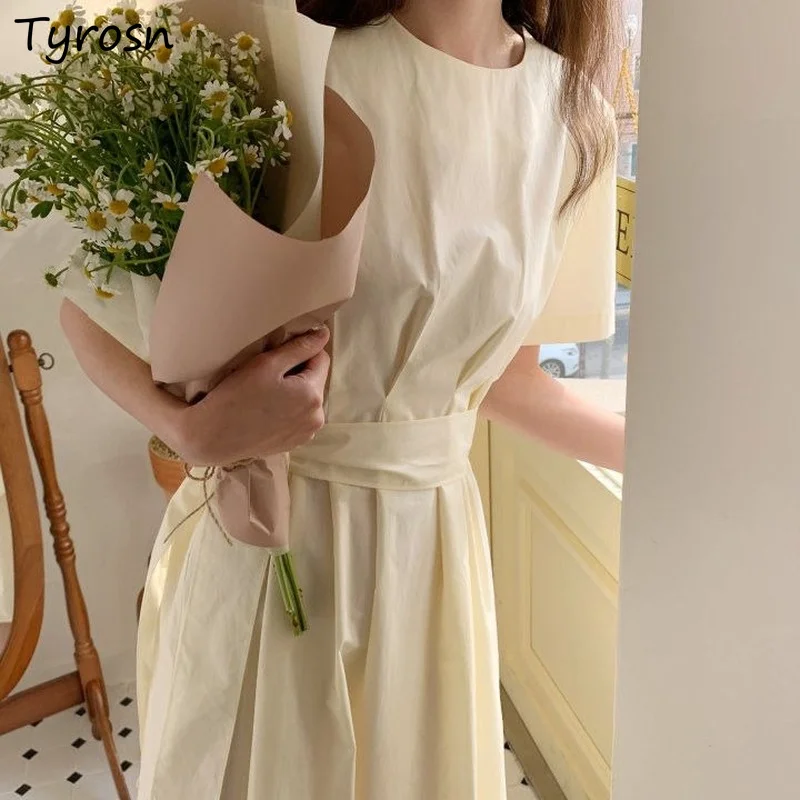 

Женское платье с коротким рукавом, однотонное ТРАПЕЦИЕВИДНОЕ ПЛАТЬЕ до середины икры с круглым вырезом и высокой талией в Корейском стиле, ...