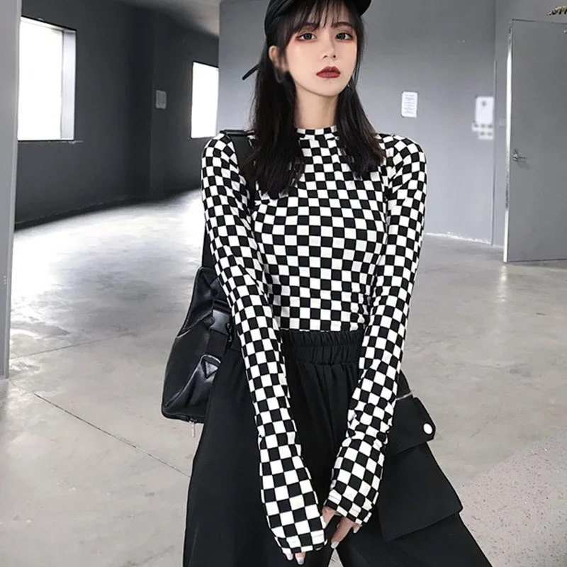 

Spring And Autumn Korean Slim Stretch Small Plaid Bottom Shirt Long Sleeve T-shirt Top Black And White Plaid