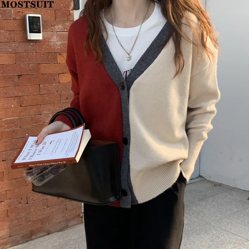 

Корейский Стильный женский кардиган с цветными блоками, топы, свитер с длинным рукавом и V-образным вырезом, пальто, элегантные модные женск...