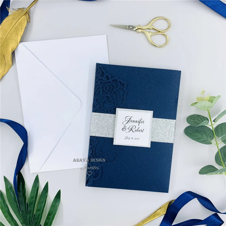 Elegant Modern Navy Laser Cut Pocket Wedding Invitation Suite With Glitter Silver Tag RSVP card And Envelope | Дом и сад