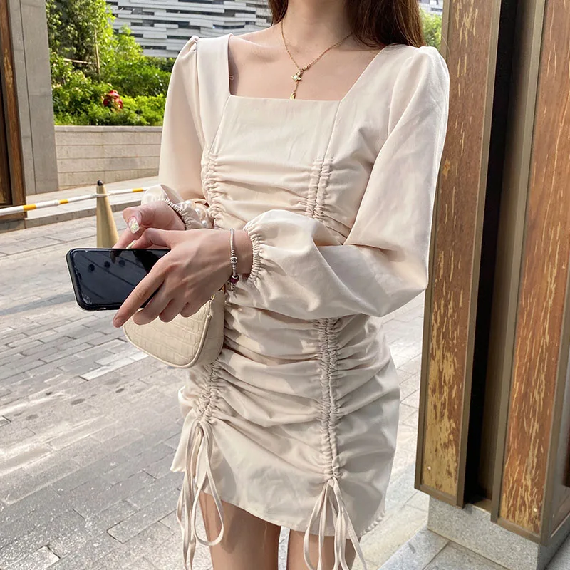 

Korean 2021 Autumn Draped Mini Dress Women Casual OL Style Lace-Up Long Sleeve Y2k Party Dresses Square Collar One-Piece Dress