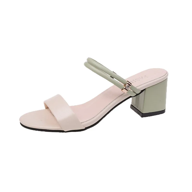 

Low Slippers Women Summer Female Shoes Slides Med Square heel Fashion 2021 Block Luxury Hoof Heels Rome Fabric PU Rubber Basic