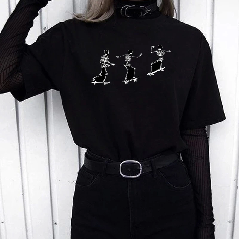 

The Three Skateboard Skeleton Graphic T Shirts Punk Style Skull Cool Grunge Style T-Shirt Hallowmas Tee Black Women T-Shirt