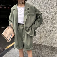 2021 vintage fashion 2 piece outfits women solid casual blazers high waist suit short pants lady sets streetwear