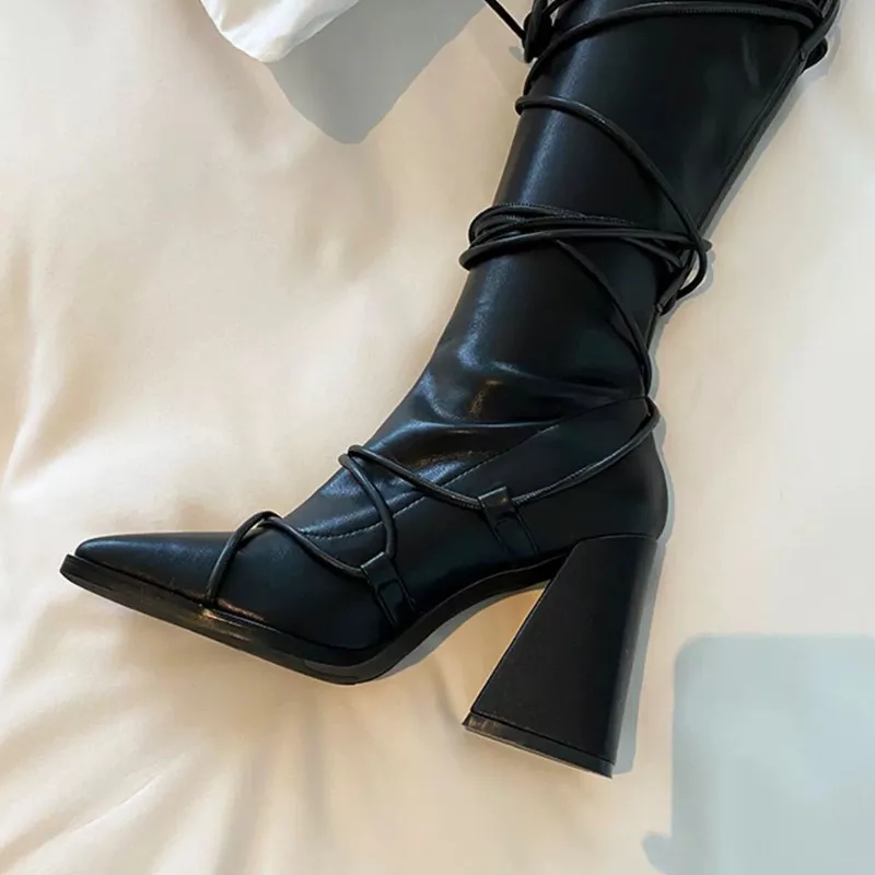 

Square Toe Knight Knee High Boots Women Cross Tied Long Stretch Boots Woman Chunky High Heels Runway Women Shoes Botas Mujer