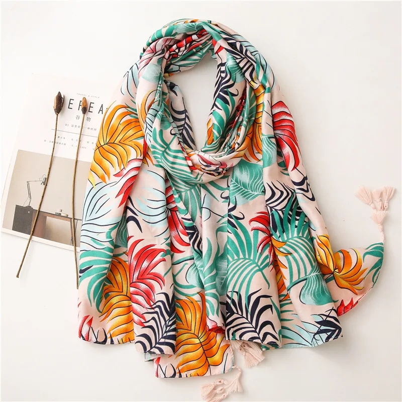

2020 New Leaf Print Tassel Scarves And Shawls Women Long Cotton Leaves Wrap Hijab Free Shipping