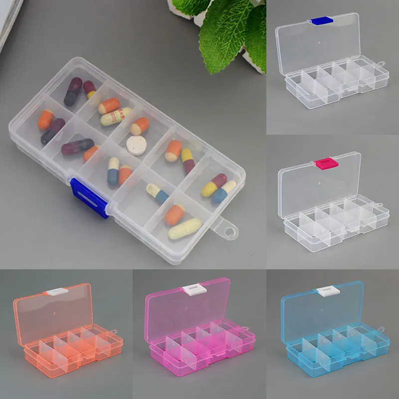 

10 Grids 7 Color Choose Adjustable Jewelry Beads Pills Nail Art Tips Storage Box Case Hard Transparent Plastic Jewelry Tool Box