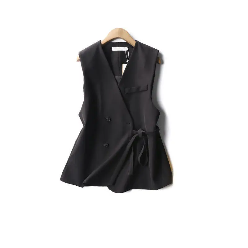 

2021 Spring Autumn New Women Korean OL Suit Lace-up Sleeveless Vest Jacket Elegant Temperament Waist Slim Solid Waistcoat Y682