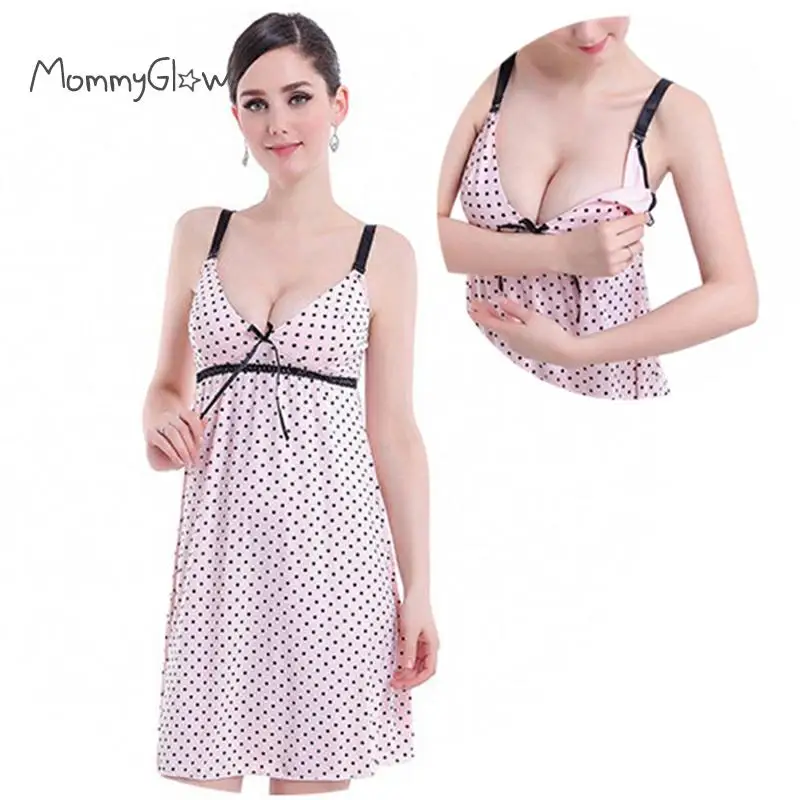 Women's Maternity Dress Nursing For Nightgown Breastfeeding Hospital Sleepwear Sleeveless Sling Polka Dot Pregnant Clothes | Мать и