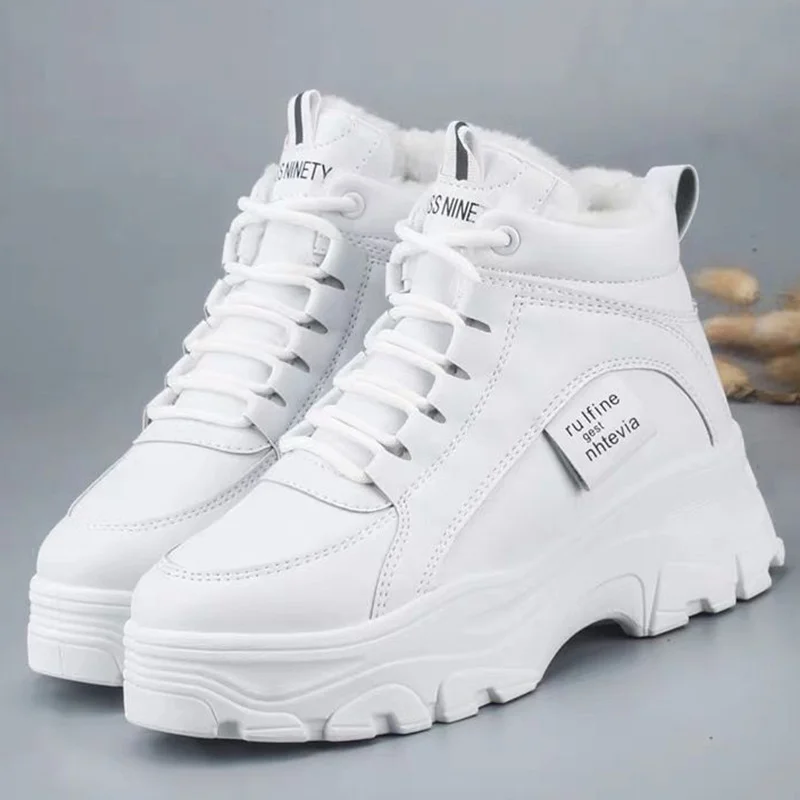 

Winter Women Boots White Women Ankle Boots Lace Up Women Sneakers Comfortable Ladies Flat Shoes Warm Plush Female Walking Boots