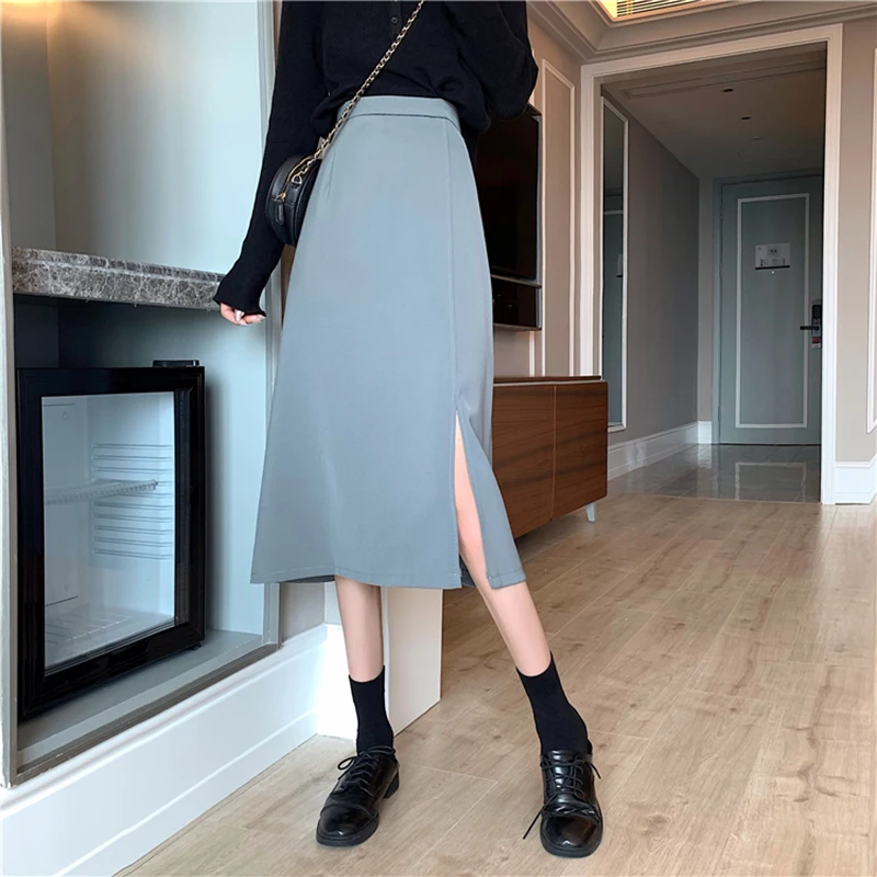 

High-waisted skirt female spring 2021 Korean version was thin, drape, side slit mid-length a-line skirt
