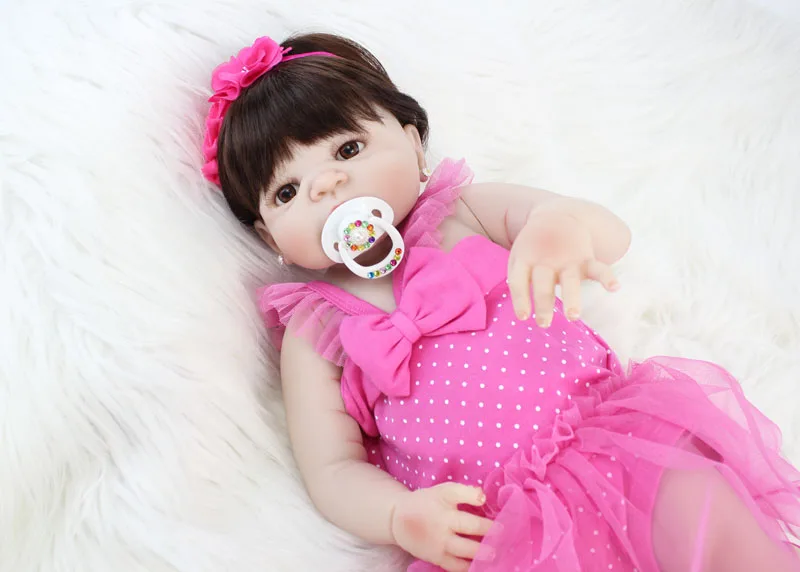 

55cm Full Silicone Lifelike Reborn Doll Vinyl Pink Dress Newborn Babies Girl Bonecas Like Alive Bebe Bathe Toy