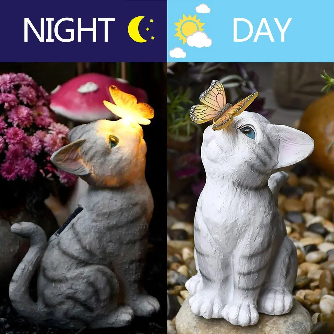 

Resin Figurine For Courtyard Lawn Woodland Outdoor Lighting Garden Solar Light Statue Cat And Butterfly Figurine Landscape Lamps