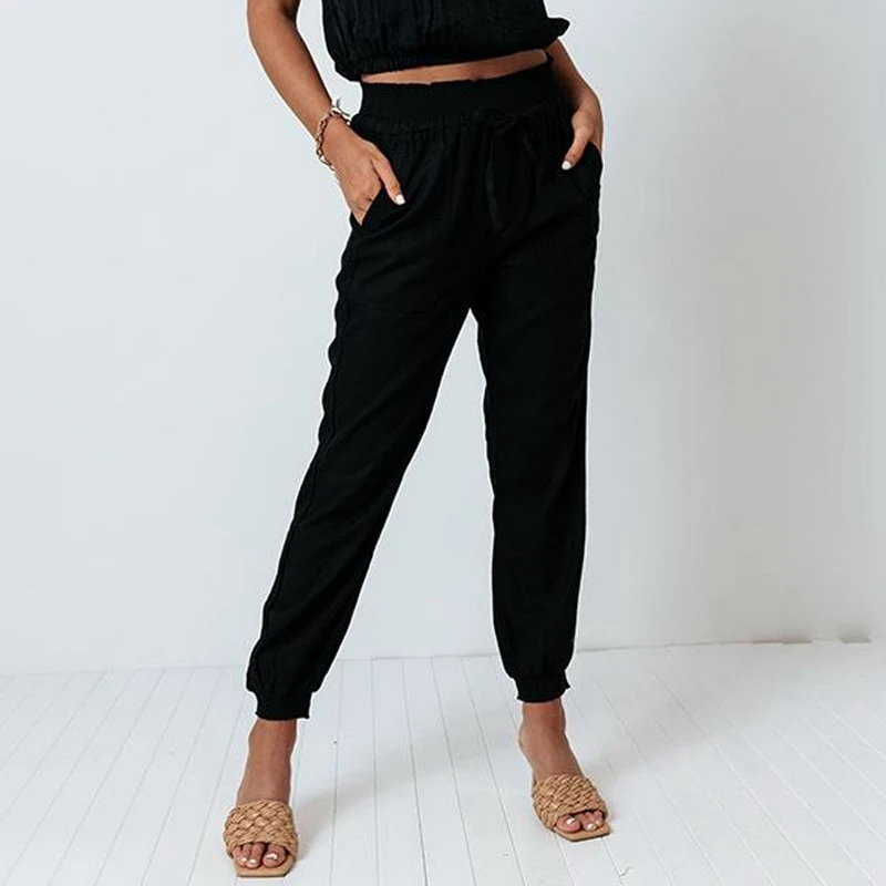 

Cotton Linen Big Pocket Plus Size Women's Pants Solid Elastic High Waist Trousers For Female 2021 Autumn Straight Homewear Pants