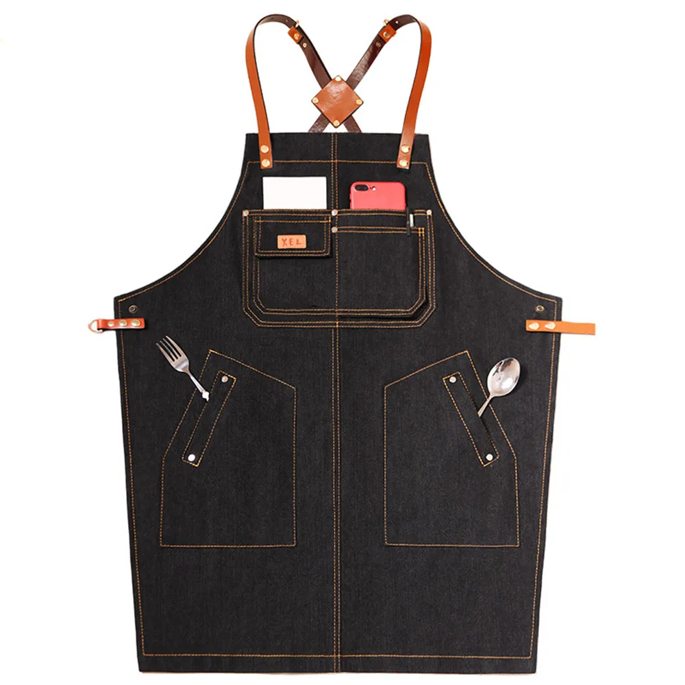 

Fashion Denim Apron With High-quality Adjustable Cowhide Strap Waterproof And Anti-fouling Barista Work Clothe For Women And Men