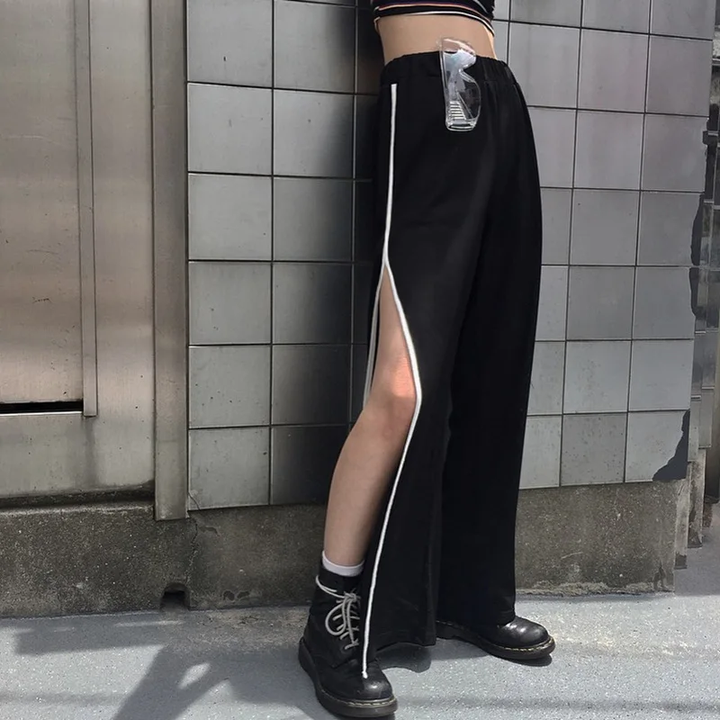 Lucyever Fashion Striped Wide Leg Pants Woman High Waist Loose Open Black Women Autumn Casual Streetwear Pantalon Femme | Женская одежда
