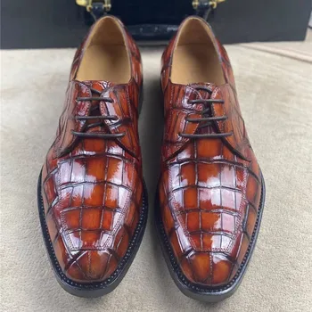 Authentic Crocodile Skin Men's Square Toe Dress Shoes Genuine Alligator Leather Hand Painted Orange Color Male Lace-up Oxfords