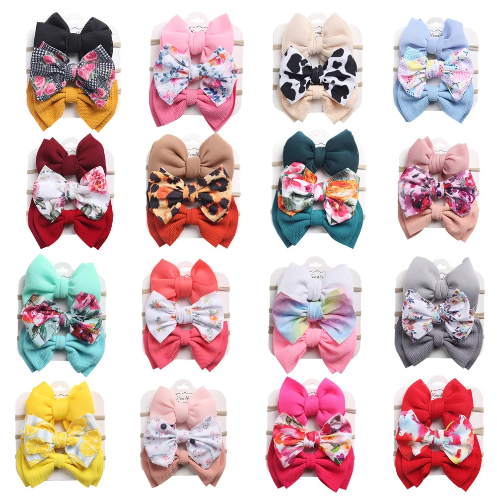 New 3pcs/lot Soft Chiffon Double Bows Baby Girls Headband Elastic Printed Heart-shaped Fruit Flower Infant Hair Bands Gifts