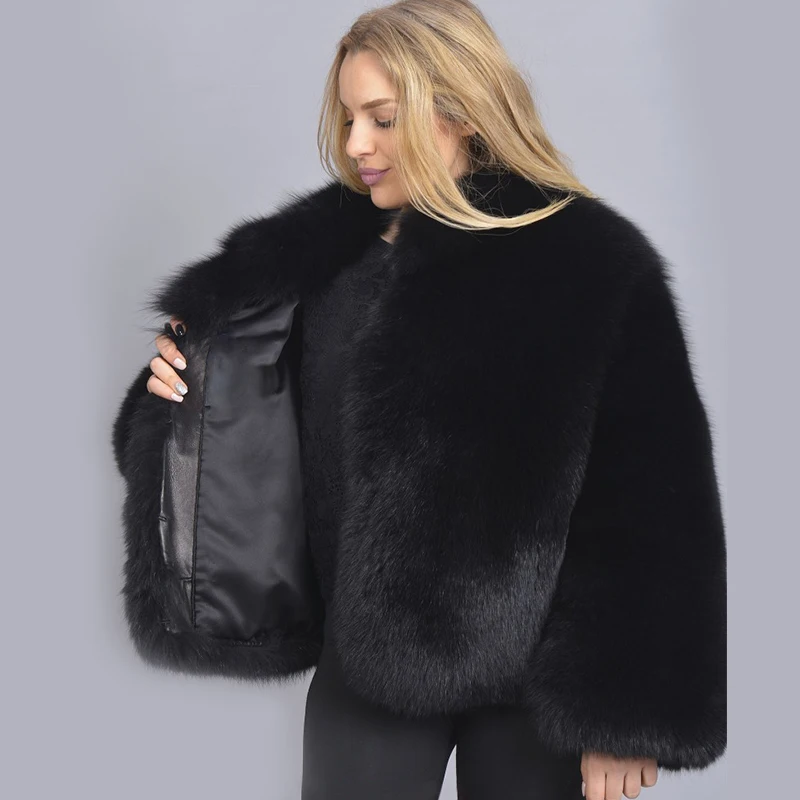 

2021 BFFUR Women Real Fox Fur Coat Winter Outfit Whole Skin Warm Thick Coats Female Luxurious Jacket Solid Black Park With Fur