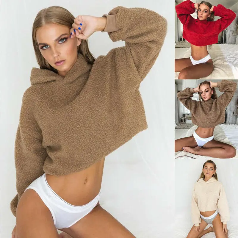 2019 Женская однотонная толстовка с капюшоном джемпер длинным рукавом укороченный