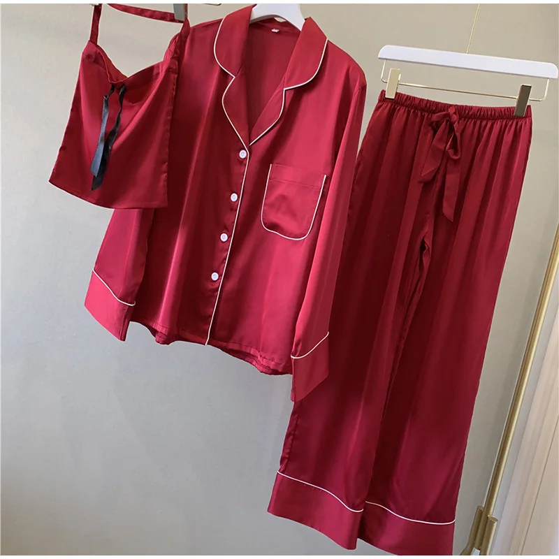 

Women's Vintage Silk Pajama 2 Piece Sets Summer Long Sleeves Trousers Female Sleepwear Button Pocket Ladies Pyjamas Spring 2020