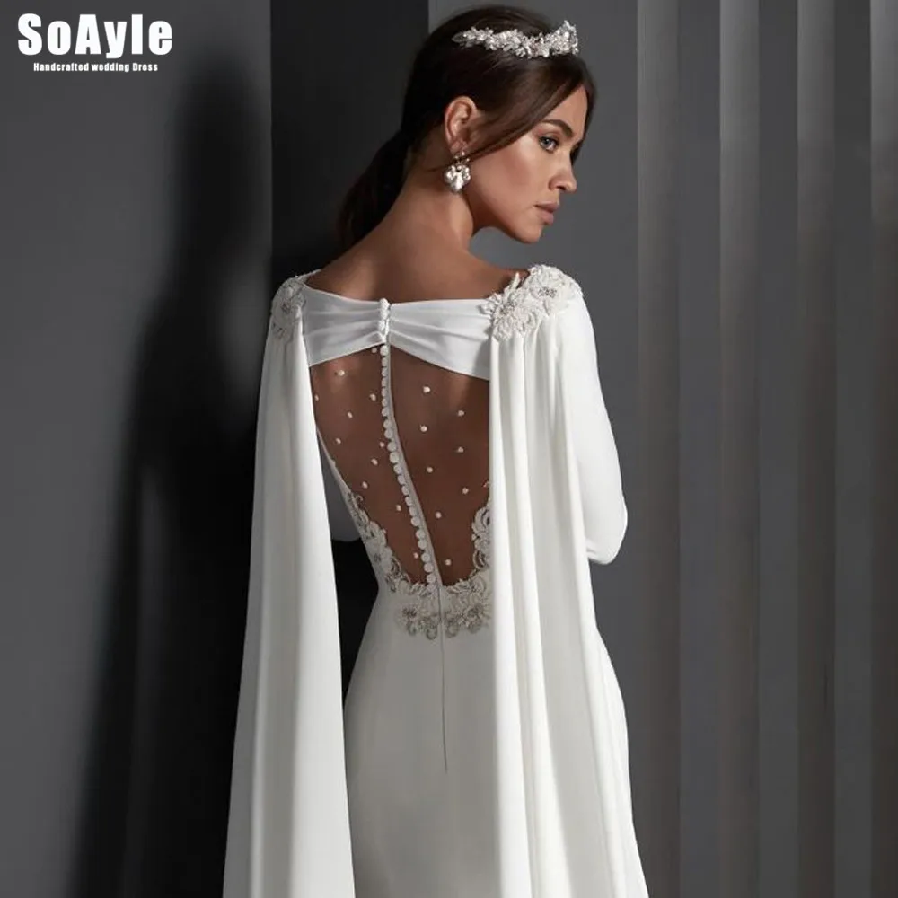 

SoAyle Straight-Cut Bridal Dress Unique Glass Shoulder Pads and Neckline Back Beaded Side Split Long Sleeves Sexy Wedding Dress
