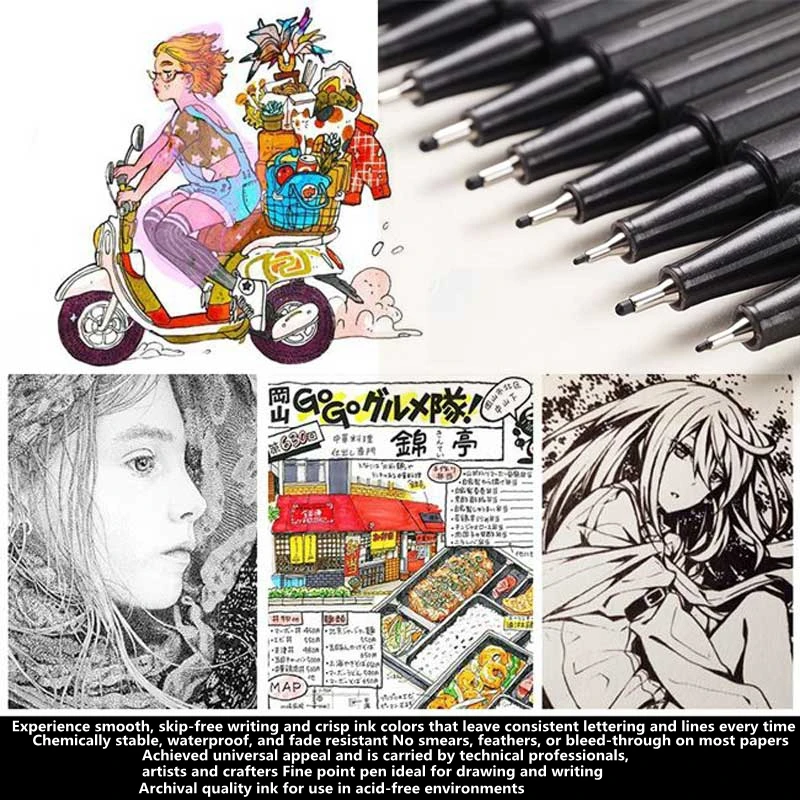 

10Pcs/set Pigment Liner Micron Ink Marker Pen 0.05 0.1 0.2 0.3 0.4 0.5 Brush Tip Black Fineliner Sketching Manga Drawing Pen