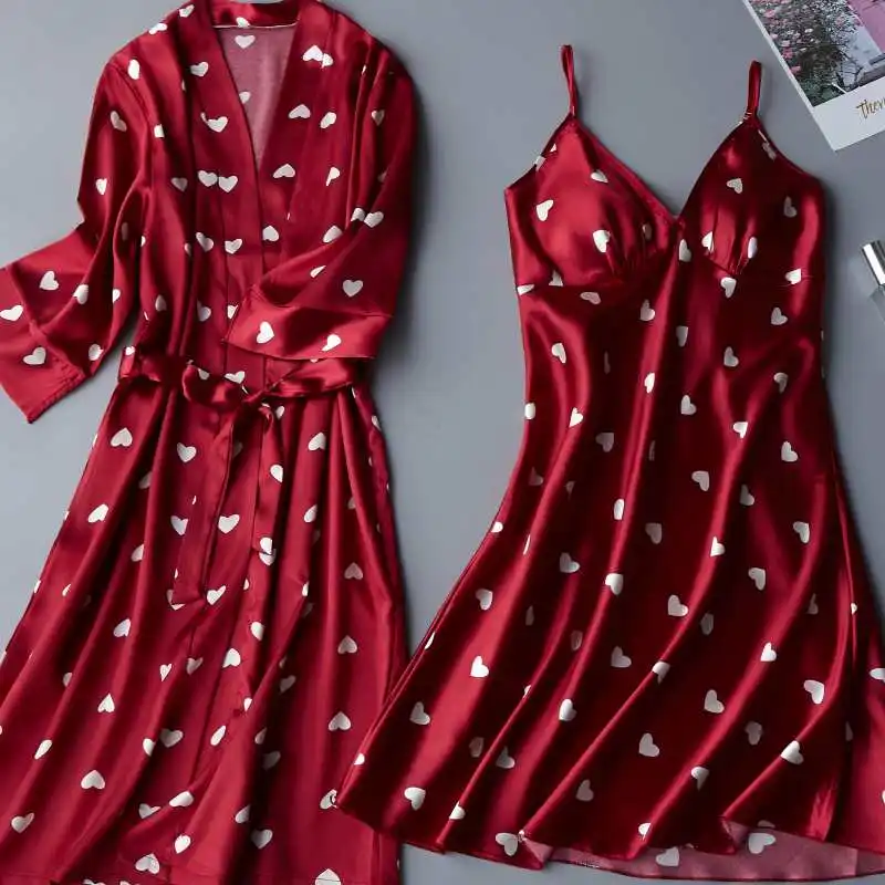 

Satin Bathrobe Print Sleepwear Nightgown Women 2PCS Robe Set Casual Kimono Gown Intimate Lingerie Loose Nightwear Home Clothes