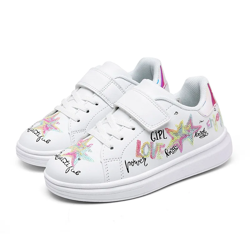 

2021 New Girls Skate Shoes Kids Sneakers Fashion Casual Sequin Small White Girls Shoes Colorful Bling PU Antiskid Casual Shoe