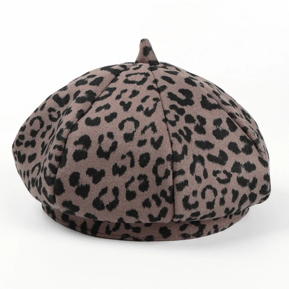 

Autumn and Winter Women Beret Hats Female Caps Retro Style Woolen Cloth Leopard Pattern Adjustable Head Circumference