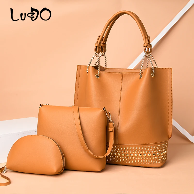 

Luxury Designer Women PU Leather Handbags High Quality Shoulder Bag Fashion Rivet Casual Female Tote Crossbody Bags 3 Pieces Set