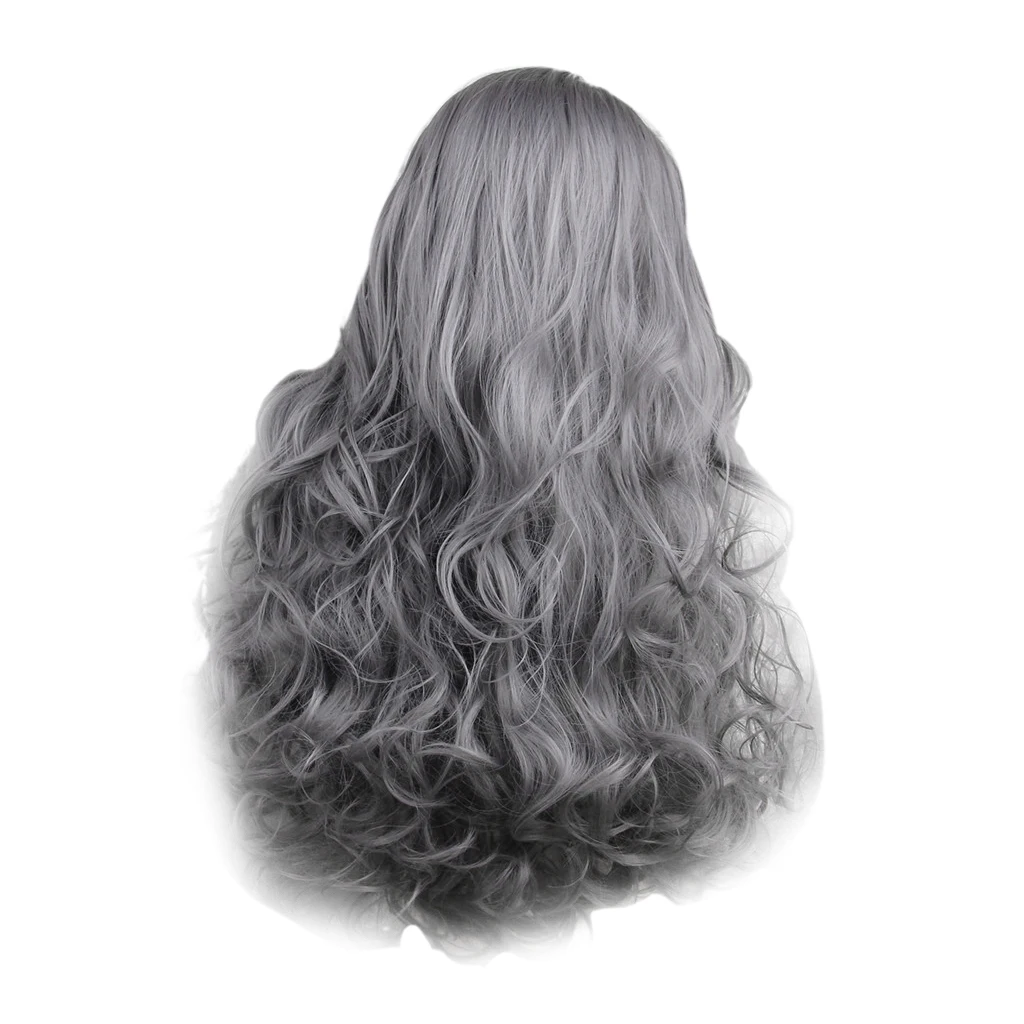 

23" Synthetic Gray Hair Wigs Curly Wavy Wig Bangs Safe Cosplay Wedding