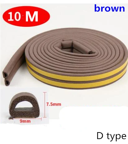 Brown Large D Seal 10 м/рулон самоклеящаяся дверная уплотнительная полоса резиновая Погодная полоса ветрозащитная Звукоизоляционная оконная уплотнительная лента аксессуары для оборудования - Цвет: Brown Large D Seal