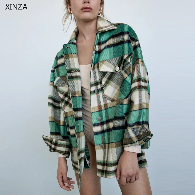 

2020 жакет Za Женская Ретро клетчатая верхняя одежда пальто с длинным рукавом осенние свободные куртки женские с передними накладными кармана...