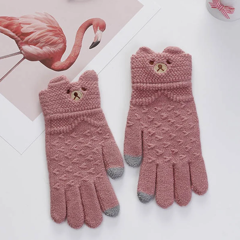 Женские зимние перчатки с милым медведем мягкие вязаные мультяшным принтом