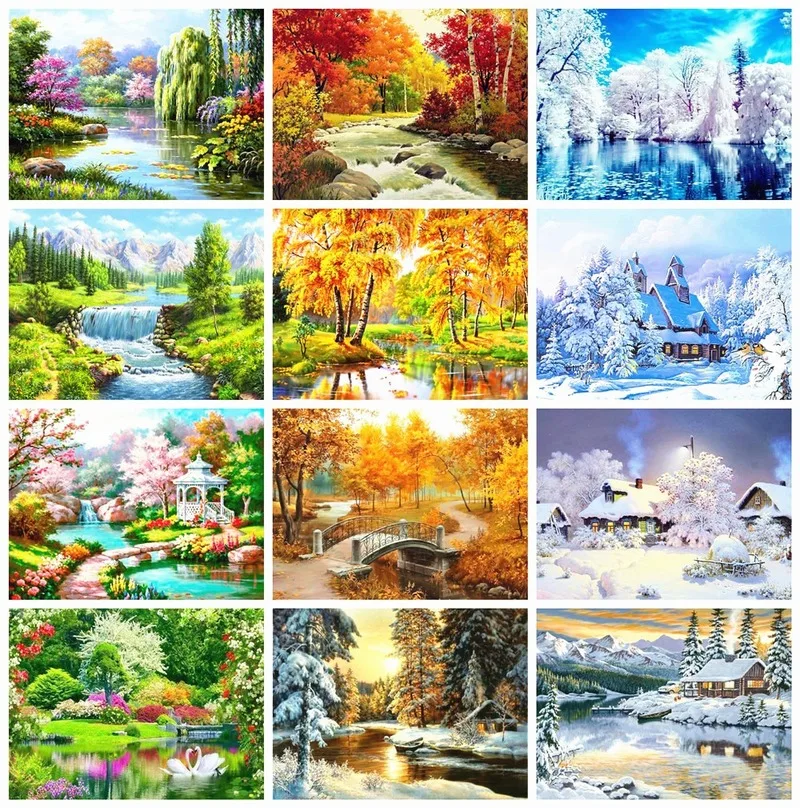 

Full Round Diamond Painting Landscape Spring 5D Diamond Embroidery Mosaic Cross Stitch Winter Home Decor Gift