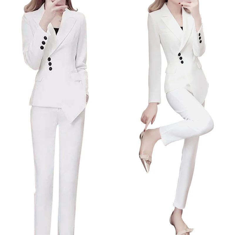 2020 two piece outfits for women Solid color fashion professional white OL women set clothing