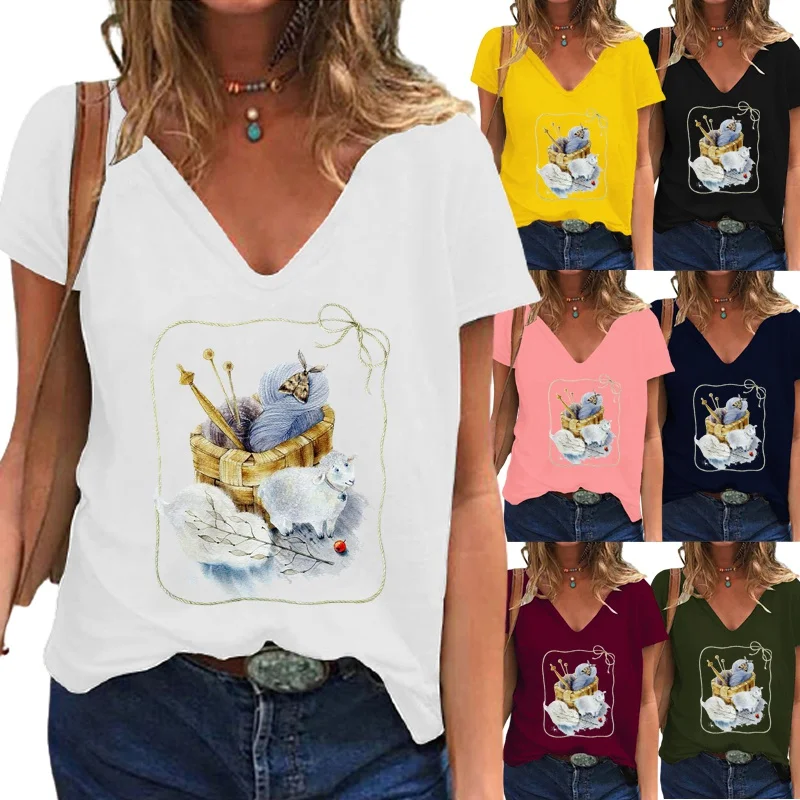 

Summer New Women's Fashion Print T-shirt Casual Short Sleeve V-neck Tee Loose Pullover Blouse Tops