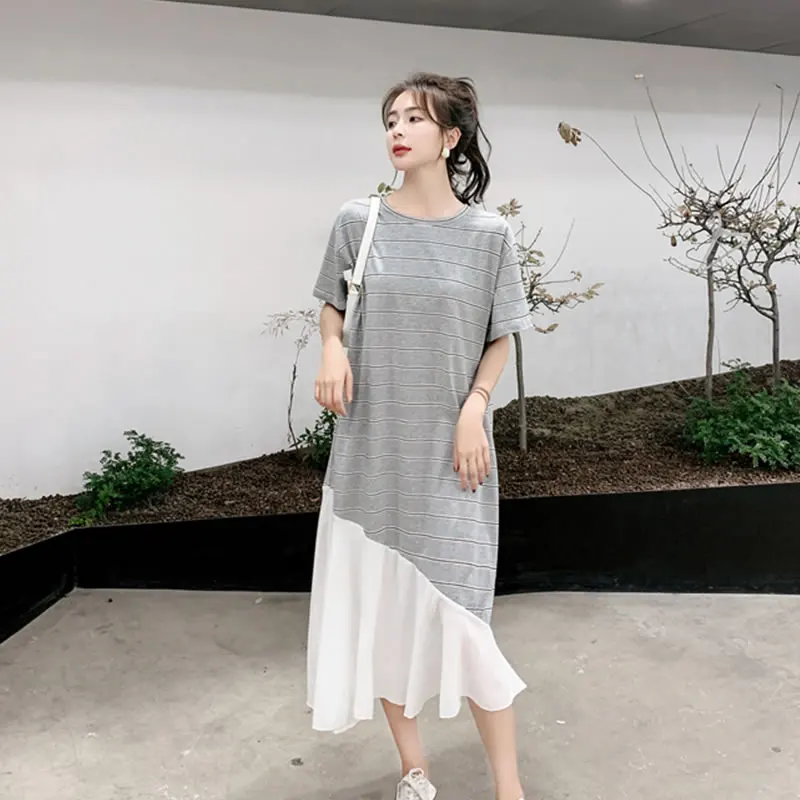 

XITAO Patchwork Striped O-neck Dress Korean 2021 Summer New Arrival Personality Fashion Loose Casual Short Sleeve Dress WMD0526
