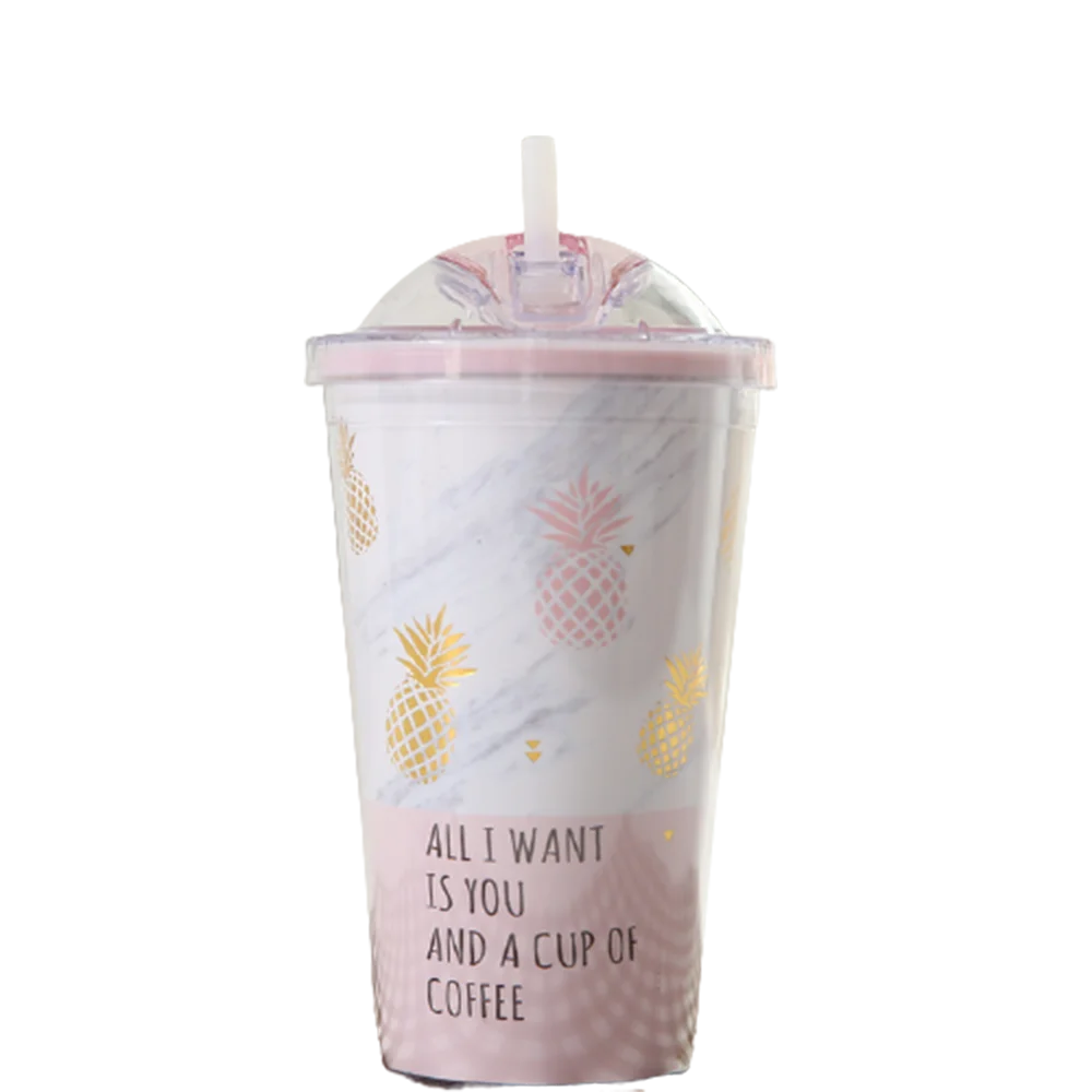 

400ml Plastic Cup Pineapple Cup Sliding Cover Double Layer Cup Candy Colors Tea Juice Coffee With Lid Straw Water Bottle Cups
