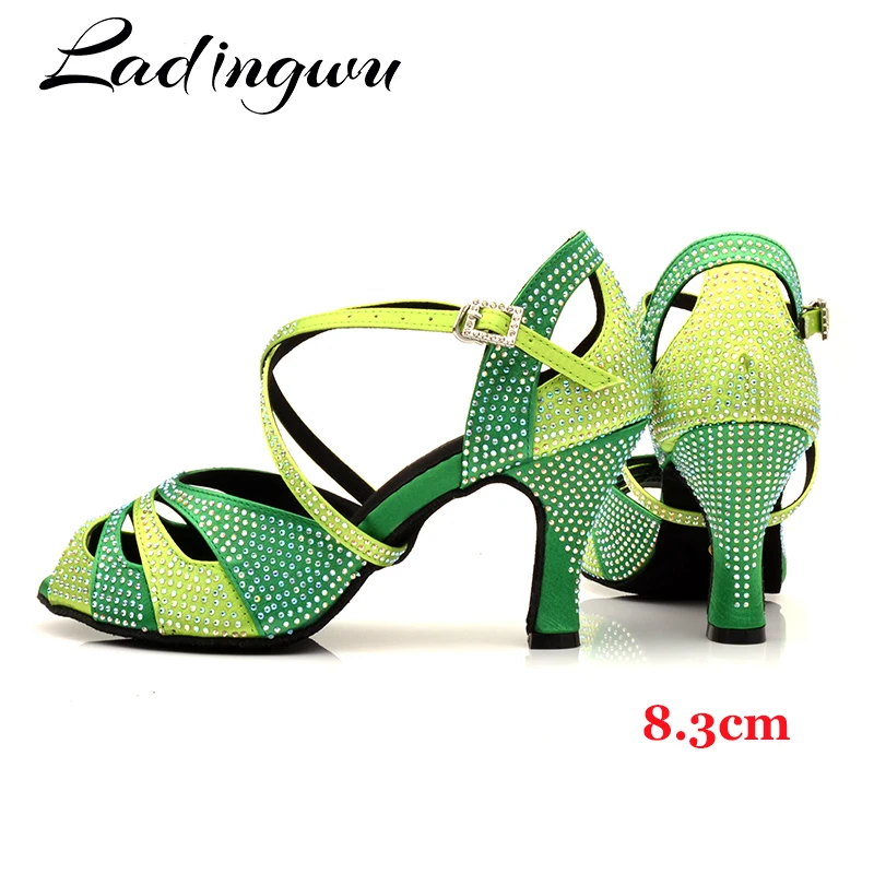 Ladingwu Rhinestone Dance Shoes Latin Salsa Girls Dark Green Light Gradient Women Pink Small mouth | Спорт и развлечения