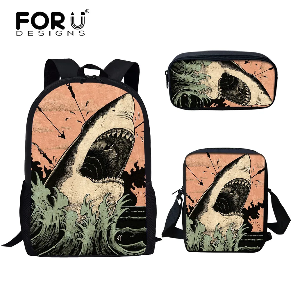 

FORUDESIGNS Cool Shark Pattern Print Schoolbags for Teenagers 3Pcs Set School Bags Messengers Bags Penbags Casual Campus Bags