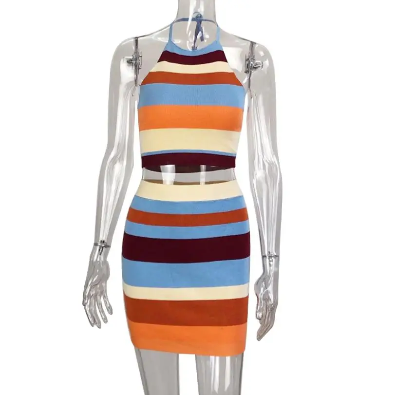 

Summer Women Fashion Knitted Outfits Women's Sleeveless Halter Crop Top+Mini Skirt 2Pcs Sets Striped Outfit Clothing Set Suits