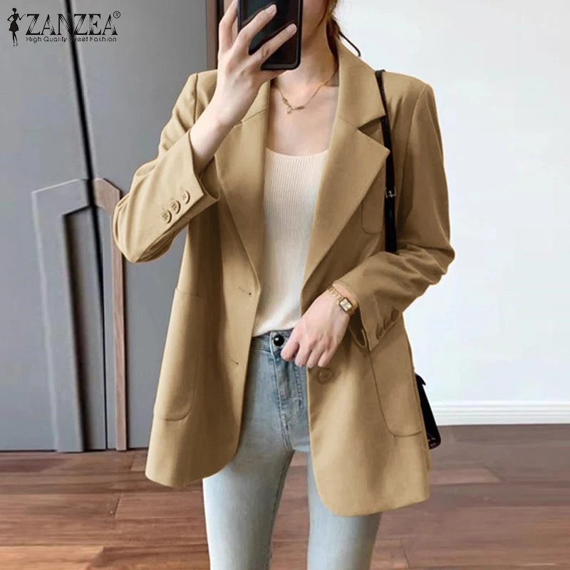 

ZANZEA Stylish Women Blazer Autumn OL Work Suits Casual Lapel Neck Long Sleeve Solid Jackets Spring Coats Elegant Office Wear