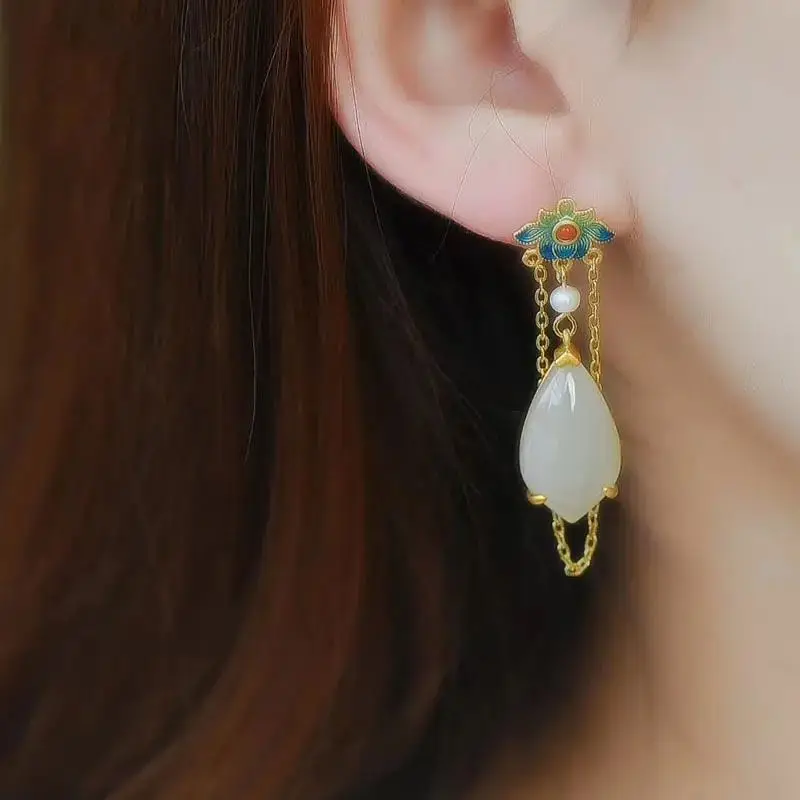 

Natural Hetian white jade drop shaped long Tassel Earrings Chinese style antique enamel porcelain craft charm women's jewelry