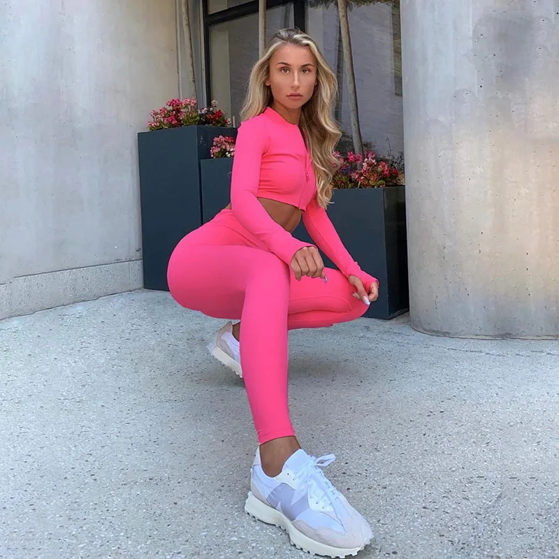 

2020 Winter Women 2 Two Piece Set Long Sleeve Crop Tops Tshirt Leggings Pants Set Bodycon Sport Fitness Tracksuit