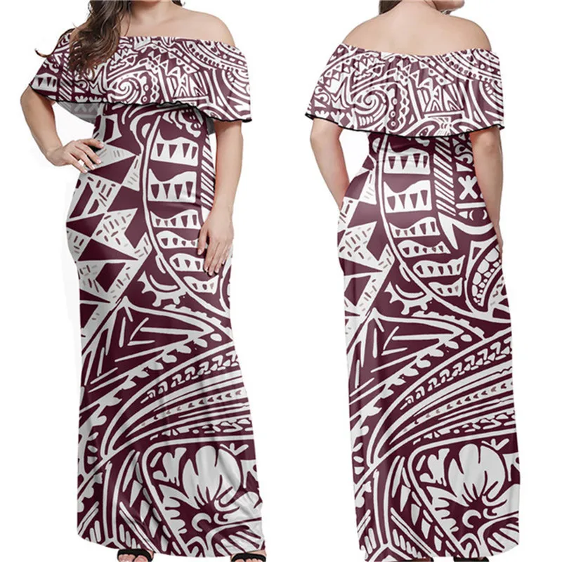 

WHEREISART Vintage Hibiscus Dress Womens Polynesian Tribe Printed Evening Dress Off Shouder Dress Summer Beach Sundress Loose