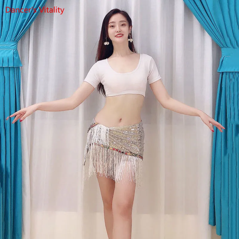 

Belly Dance Female Adult Temperament Modal Top Tassel Hip Scarf Performance Clothes Suit Practice Sequins Short Skirt Shirt Set