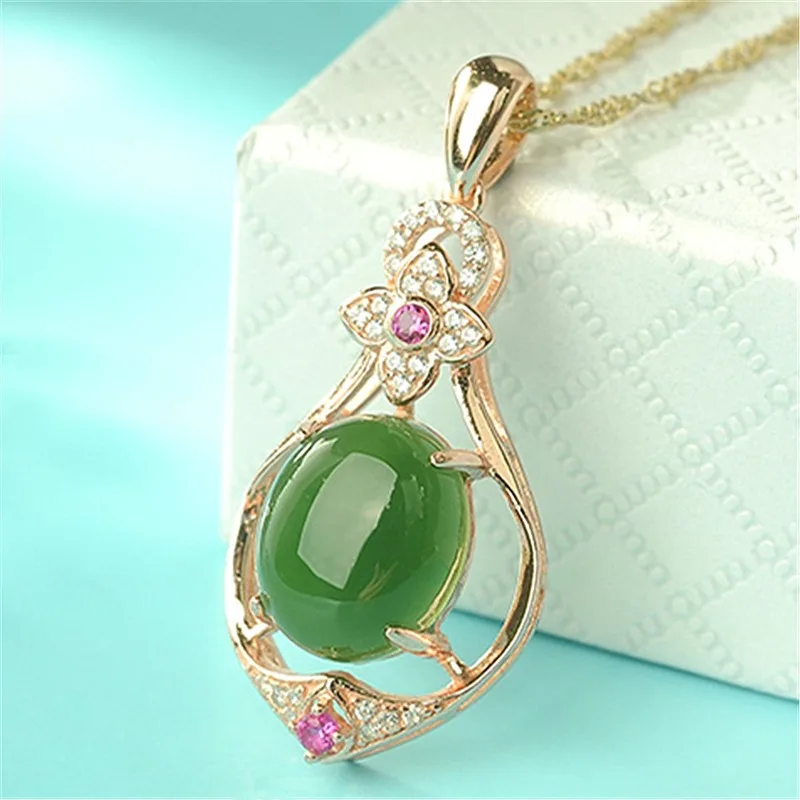Овальный Кулон из натурального зеленого нефрита с халцедоном ожерелье серебра 925